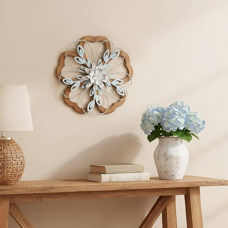 Remenna Metal Flowers Wall Decor, Rustic Floral Art, White & Blue, Farmhouse Hanging Decoration for Living Room, Bathroom, Garden - Image 4